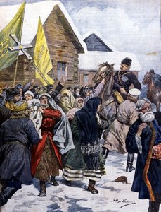 Taikausko Venäjällä: poliisi yrittää hajottaa uusien kristittyjen lahkon. Kuva Beltramesta. La Domenica del corriere. 1901. tekijältä Achille Beltrame