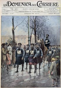 Varsovassa järjestettävä maaliskuu kouluttaakseen väestöä kaasunaamarien käytössä - piirros A. Beltrame, "" la Domenica del Corriere"" 22.11.1931 tekijältä Achille Beltrame