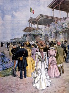 Milano: hevoskilpailut San Siron kilparadalla: Commerce Prize -palkinnon (Premio del commercio) jako. Beltramen kuvitus. Domenica del corriere. 1899. tekijältä Achille Beltrame