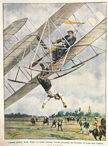 Orville Wright ja luutnantti Seliridge syöksymässä kaksitasolla 30 metristä, Yhdysvallat, kuvitus Achille Beltrame La Domenica del Corrieresta, 11. lokakuuta tekijältä Achille Beltrame