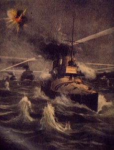 Torpedoveneemme tunkeutumassa Dardanellien salmeen vihollisen tulen alla, Achille Beltrame (1871-1945), kuvitus La Domenica del Corrieresta tekijältä Achille Beltrame