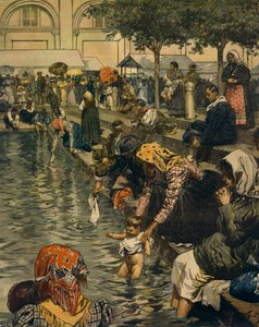 Pyhiinvaellus Caravaggioon: Uiminen ihmeellisessä vedessä, kirjoittanut Achille Beltrame (1871-1945), La Domenica del Corrieresta tekijältä Achille Beltrame