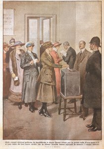 Englannin poliittiset vaalit: Naiset äänestämässä ensimmäistä kertaa, kirjoittanut Achille Beltrame (1871-1945), La Domenica del Corriere, 1900-luku tekijältä Achille Beltrame