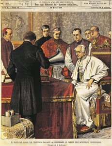 Paavi Leone XIII lukee Achille Beltramen (1871-1945) siunauksen gramofonille La Domenica del Corrieresta, 29. maaliskuuta 1903 tekijältä Achille Beltrame