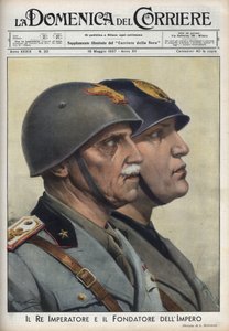 Kuningas Vittorio Emanuele (Victor Emmanuel) III:n ja valtakunnan perustajan herttua Benito Mussolinin profiilit Rooman keisarien tavalla. Kuva Achille Beltramesta teoksessa "La domenica del Corriere" 16.5.1937. tekijältä Achille Beltrame