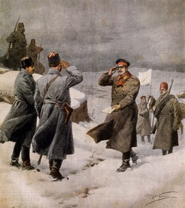 Sodan jatkuminen, turkkilainen parlamentaarikko saapumassa bulgarialaisen leirille kantamassa sanomaa aselevon päättymisestä, Achille Beltrame (1871-1945), kuvitus La Domenica del Corrieresta, 9. helmikuuta tekijältä Achille Beltrame