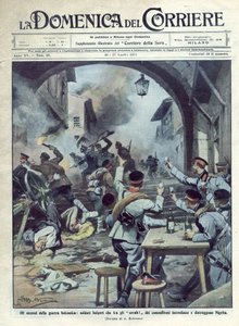 Toinen Balkanin sota (1913) Bulgarian ja Kreikan ja Turkin välillä: bulgarialaiset sotilaat sytyttivät tuleen ja tuhosivat Nigritan Kreikassa. La Domenica del Corriere. 07/1913. Kuva Beltramesta. tekijältä Achille Beltrame