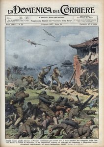 Toinen Kiinan ja Japanin sota (1937-1945): Japanin ja Kiinan aseiden yhteenotot lähellä Pekiniä, japanilaiset tuhosivat nopeasti koko kiinalaisen pataljoonan. Achille Beltramen kuvitus teoksesta "La domenica del corriere" 8.8.1937. tekijältä Achille Beltrame
