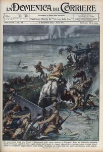 Toinen Kiinan ja Japanin sota (1937-1945): yhteenotot riisipelloilla lähellä Shanghaita. Achille Beltramen kuvitus teoksesta "La domenica del corriere" 7.11.1937. tekijältä Achille Beltrame