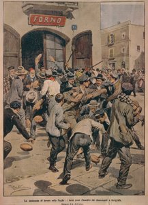 Vakava työpula Apuliassa, Cerignolan työttömät ryöstivät uuneja, Achille Beltrame, kuvitus, kuvittaja Achille Beltrame (1871-1945), La Domenica del Corrieresta, 20. joulukuuta 1908 tekijältä Achille Beltrame