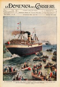 Laivat, jotka kuljettavat italialaisia joukkoja Itä-Afrikkaan ylittämässä Suezin kanavaa, kuva La Domenica del Corrieresta, 20. lokakuuta tekijältä Achille Beltrame
