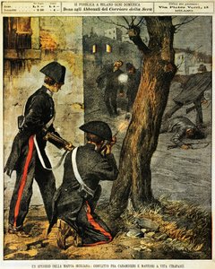 Sisilian mafiatapahtuma, Taistelu karabinierien ja mafian gangsterien välillä Trapanissa, kirjoittanut Achille Beltrame, kuvitus, kuvittaja Achille Beltrame (1871-1945), La Domenica del Corrieresta, 31. joulukuuta 1899 tekijältä Achille Beltrame