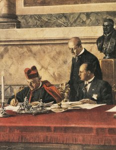 Lateraanisopimuksen allekirjoittaminen kardinaali P. Gasparrin ja B. Mussolinin välillä tekijältä Achille Beltrame