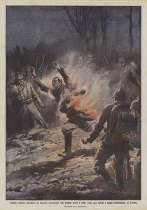 Saksalainen sotilas, joka kantaa sytytysaineita, joka syttyy tuleen ja palaa kuin soihtu ja pakenee?
