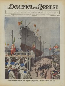 Juhlallinen suuren taistelulaivan Conte di Cavour laukaisuseremonia La Speziassa aamulla 10. elokuuta tekijältä Achille Beltrame