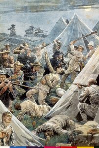 Etelä-Afrikka. Toinen buurien sota. Hyökkäys englantilaiseen Tweefonteinin leiriin (1902). Kuvitus: Achille Beltrame. Kaiverrus. tekijältä Achille Beltrame