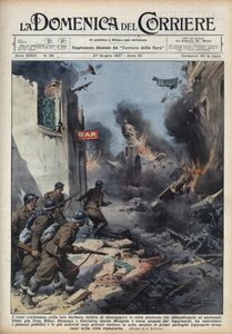 Espanjan sisällissota: yhteenotot Baskimaan kaupunkien kaduilla, kun republikaanit tuhoavat kaiken sen sijaan, että jättäisivät kaupungit nationalisteille. Kuva Achille Beltramesta elokuvassa "La domenica del Corriere" 27.6.1937. tekijältä Achille Beltrame