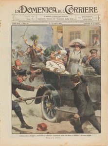 Itävallan arkkiherttua Franz Ferdinandin ja hänen vaimonsa salamurha Sarajevossa 28. kesäkuuta 1914. tekijältä Achille Beltrame