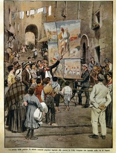 Domenica del Corriere (italialainen sunnuntaisanomalehti) 8. joulukuuta 1910, Libyan sodan inspiroimia kansanlauluja balladilaulajien laulamassa Napolissa, Achille Beltrame, kuvitus tekijältä Achille Beltrame
