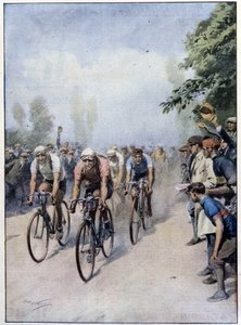Italian Cycling Tour Guerran ja Bindan kanssa - piirros A. Beltrame, "La Domenica del Corriere" 1. helmikuuta tekijältä Achille Beltrame