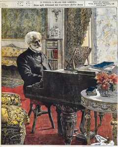 Italialainen säveltäjä Giuseppe Verdi työhuoneessaan, levy Achille Beltrame (1871-1945), La Domenica del Corriere, 8. lokakuuta tekijältä Achille Beltrame