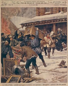Venäjän vallankumous: Talonpojat ryöstivät maaseudun rikkaiden omaisuutta, kirjoittanut Achille Beltrame (1871-1945), La Domenica del Corriere, joulukuu 1905 tekijältä Achille Beltrame