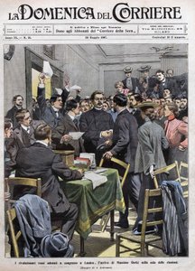 Maxim Gorkin saapuminen Lontoon kongressin kokoushuoneeseen vuoden 1905 vallankumouksen jälkeen Venäjällä. La Domenica del Corrieren kansikuva 26.5.1907. tekijältä Achille Beltrame