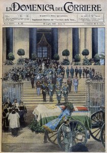 Aostan herttuan kuolevaisten jäänteiden siunaus Torinossa, sen jälkeen, kun hautajaiset kulkivat koko kaupungin halki - dess. de A. Beltrame teoksessa "" la Domenica del Corriere"" 19.7.1931 tekijältä Achille Beltrame