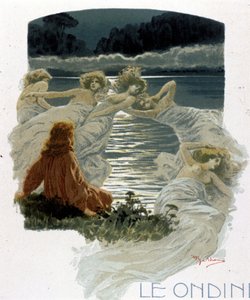 Ondiinien hahmot, germaanisen mytologian vesien nuoret nymfit. Kuvitus: A. Beltrame. tekijältä Achille Beltrame