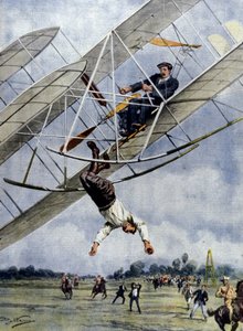 Ilman draamat: Orville Wright ja amerikkalainen luutnantti Selfridge ryntäävät koneellaan kolmenkymmenen metrin korkeudesta. Beltramen kuvitus. La Domenica del Corriere. 1908. tekijältä Achille Beltrame