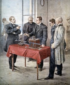 Guglielmo Marconin (1874 - 1937) kokemukset vuonna 1899: Langaton lennätys kanavan yli. Achille Beltramen kuvitus elokuvassa "Domenica del Corriere". tekijältä Achille Beltrame