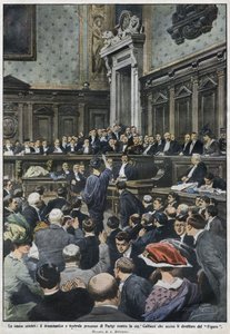 Suuri oikeudenkäynti: Suuri oikeudenkäynti Pariisissa, kirjoittanut Madame Caillaux, joka murhasi Figaron johtajan. "The Domenica of the Corriere", 22.-29. marraskuuta 1914. tekijältä Achille Beltrame