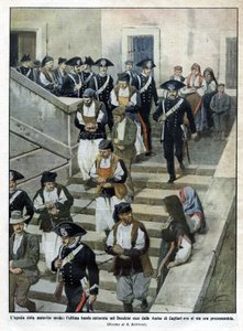 Sardinian malfrattien viimeinen jengi lähtee Cagliarissa sijaitsevasta Assize Courtista, jossa oikeudenkäynti tapahtuu. Kuva Beltramesta. La Domenica del Corriere. 07/1913. tekijältä Achille Beltrame