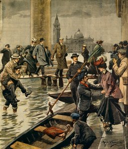 Korkean veden ilmiö Venetsian Pyhän Markuksen aukiolla, kirjoittanut Achille Beltrame (1871-1945), La Domenica del Corriere tekijältä Achille Beltrame