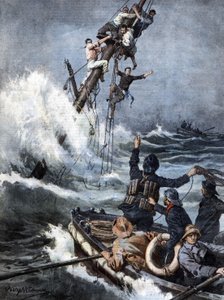 Pelastusryhmä toi haaksirikkoutuneen höyrylaivan merimiehet turvallisesti takaisin, kun he olivat olleet 40 tuntia uppoavan laivan mastojen päällä. Ill. de Beltrame. La Domenica del Corriere. 08/1909. tekijältä Achille Beltrame