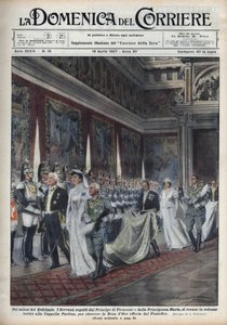 Kuninkaallista paria, Victor Emmanuel III:ta (Victor-Emmanuel) (1869-1947) ja hänen vaimoaan Montenegron Heleneä seurasivat prinssi Humbert (Umberto) II ja Mary Jose (Belgia Marie-Jose, Savoien Maria Jose). ) go Paavalin kappeliin (Paul tekijältä Achille Beltrame
