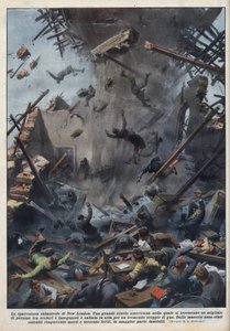 Tragedia kouluräjähdyksestä New Londonissa, Teksasissa, kaasuvuodon aiheuttama 18. maaliskuuta. Kuva Achille Beltramesta elokuvassa "La domenica del Corriere" 4.4.1937. tekijältä Achille Beltrame