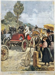 Italian kiertue autolla, sponsoroi Corriere della Sera, kuvitus Achille Beltrame La Domenica del Corrieresta, 19. toukokuuta tekijältä Achille Beltrame