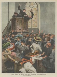 Traaginen taistelu kahden baptistipapin välillä saarnatuolissa kateudesta ammattia kohtaan (väri litho) tekijältä Achille Beltrame