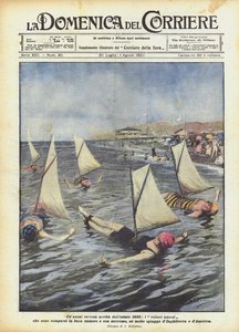 Erittäin utelias uutinen kesältä 1920, ihmispurjelaivoja, joita on ilmestynyt runsaasti ja kanssa? tekijältä Achille Beltrame