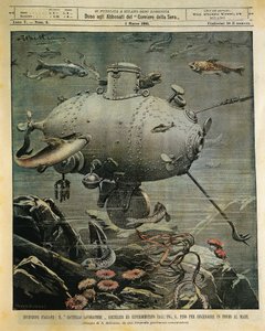 Vedenalainen merialus merenpohjan tutkimiseen, kuvitus: Achille Beltrame (1871-1945), La Domenica del Corriere, 1. maaliskuuta tekijältä Achille Beltrame