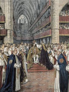 Iso-Britannia (1901). Edward VII:n kruunaus Westminster Abbeyssa. Domenica del Corrieressa julkaistu Achille Beltramen kuvitus. Kaiverrus. tekijältä Achille Beltrame
