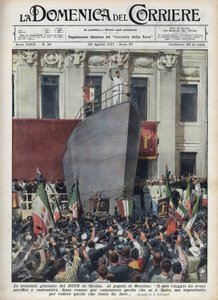 Herttua Benito Mussolinin vierailu Messinassa Sisilian matkan aikana. Achille Beltramen kuvitus teoksesta "La domenica del corriere" 22.8.1937. tekijältä Achille Beltrame