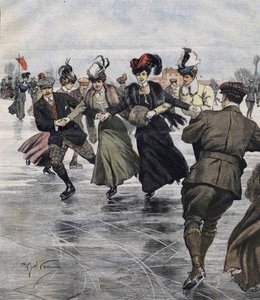 Talven hauskaa. Luistelijat. Achille Beltramen kuvitus vuonna 1907. tekijältä Achille Beltrame