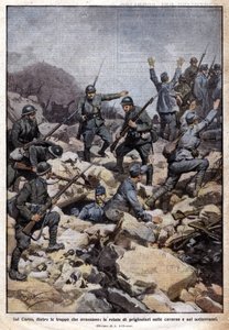 Ensimmäinen maailmansota: Italian rintama Carson tasangolla (Trentino) ja vangit maanalaisessa. "Domenica del Corriere". 07/1917 (litografia) tekijältä Achille Beltrame