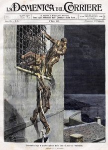 kolmen vangin pakeneminen Finalmarinan vankilasta Italiassa vuonna 1907. Kuva Achille Beltramesta Domenica del Corriereen 3. maaliskuuta tekijältä Achille Beltrame