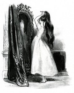 Madame Bovary Gustave Flaubertin romaanille - Emma Bovary kasaa pitkät hiuksensa peilinsä eteen tekijältä Achille Devéria