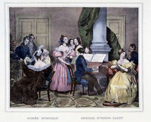 Musiikki-ilta pianoforten ympärillä - Achille Deverian teoksessa "Les heures de la Parisienne" tekijältä Achille Devéria