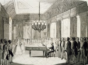 Musiikki-ilta pianon kanssa, Achille Deveria (1800-1857), kaiverrus, Ranska
