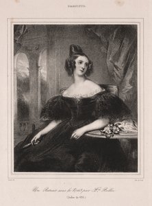 Nuori nainen tuulettimen kanssa pöydän ääressä, 1835. tekijältä Achille Devéria